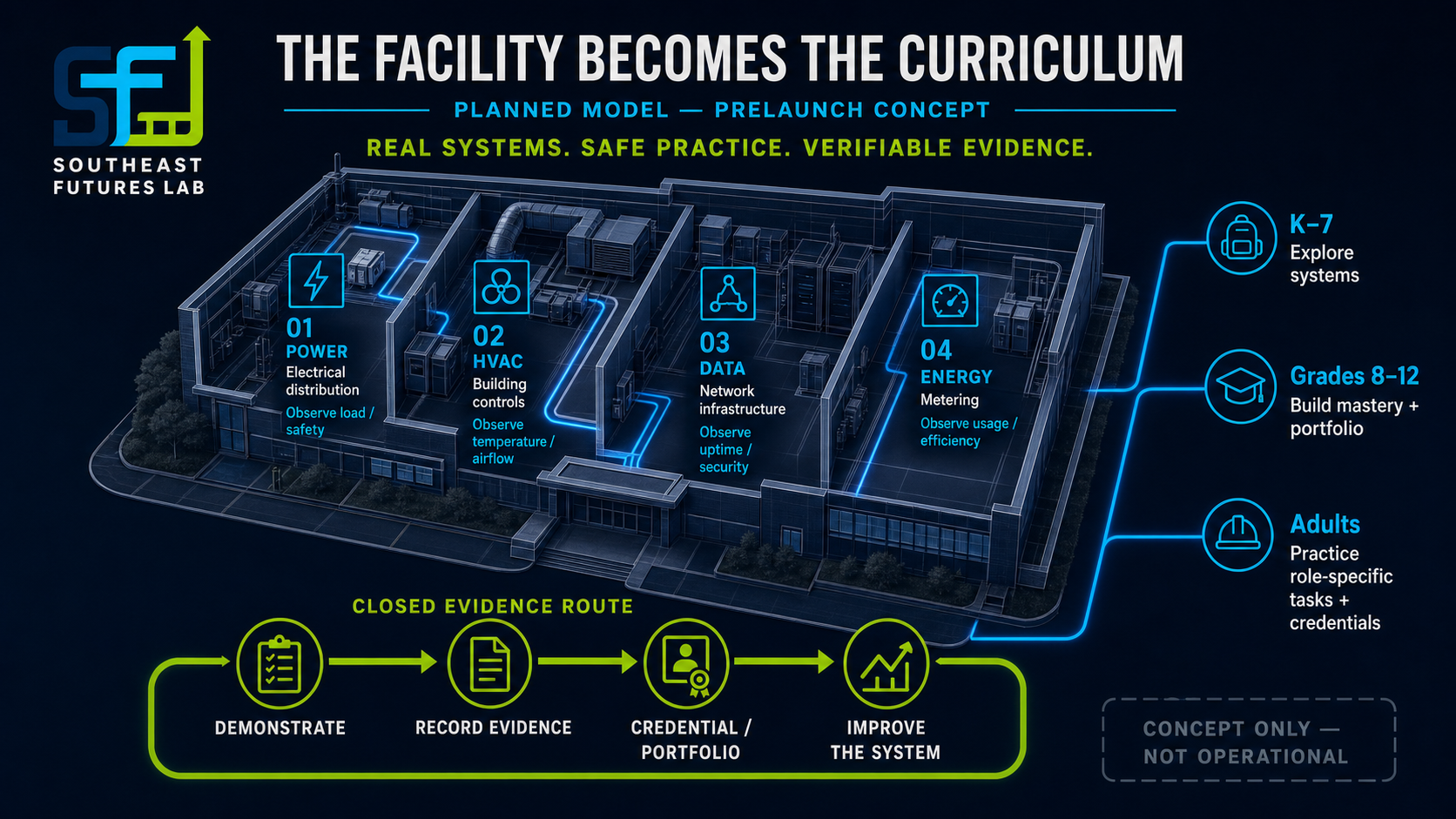 Planned Southeast Futures Lab isometric systems map showing power, HVAC, data, and energy learning zones connected to K–7, Grades 8–12, and adult pathways.